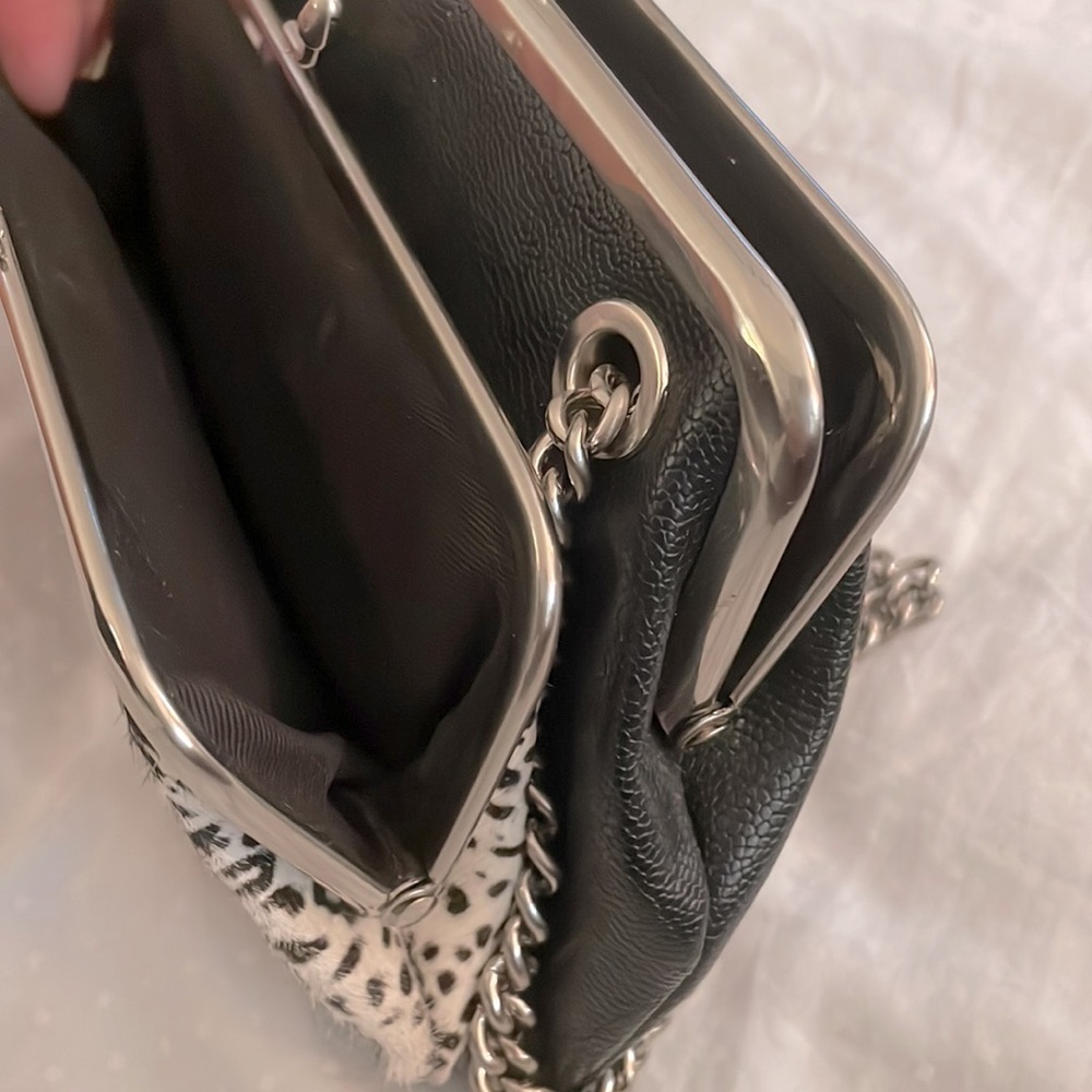 Leopard Print Mini Frame Bag with Chain Strap - Black & White - Picture 4 of 7